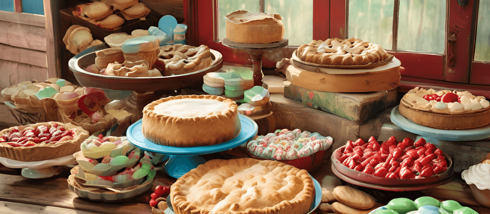 Artistic creation of sweet treats spread on a tabe in a rustic kitchen scene